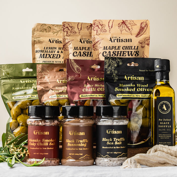 Assorted Artisan food products including nuts, olives, and seasonings from Kiwi Artisan