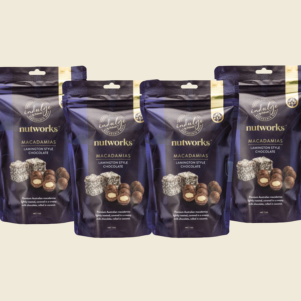 Four-pack premium Australian macadamias lightly roasted, covered in a creamy milk chocolate, rolled in coconut. A fresh take on an ageless Aussie favourite.