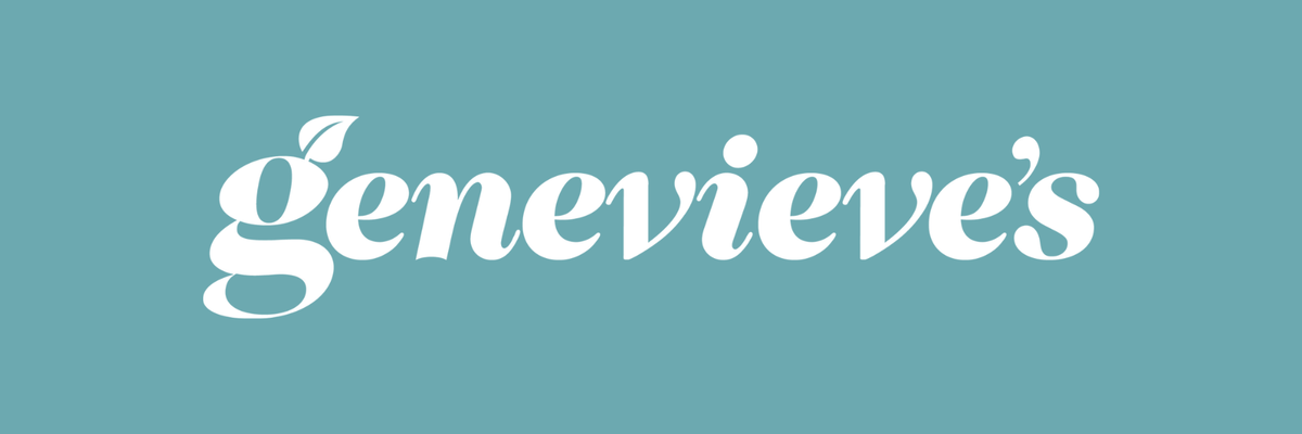 White cursive text reading 'genevieve's' centered on a solid teal-blue background.