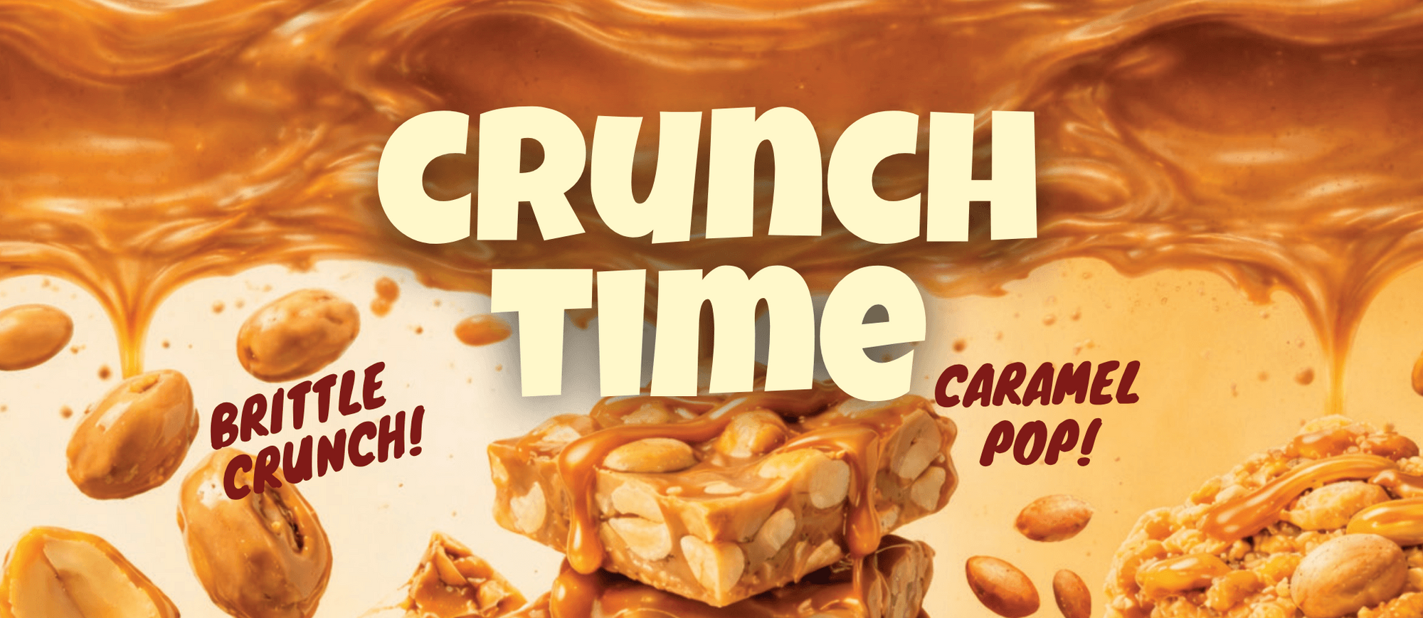 Advertisement for 'Crunch Time' caramel product with text and images of the product.
