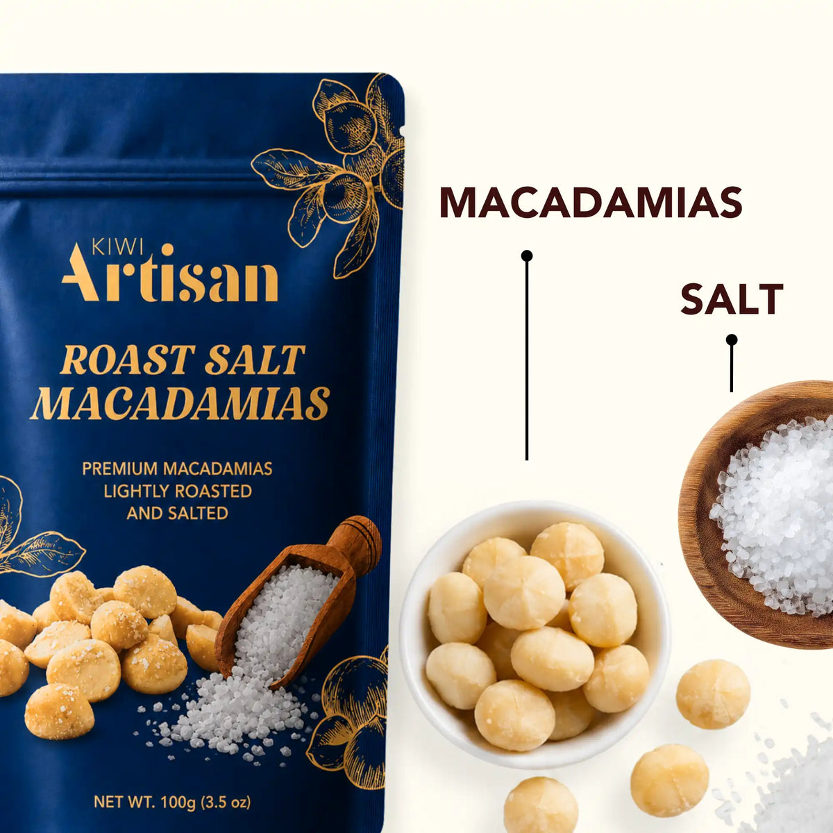 Kiwi Artisan Roast Salt Macadamias package shown beside loose macadamias, a bowl of salt, and text labels reading MACADAMIAS and SALT on a light cream background.