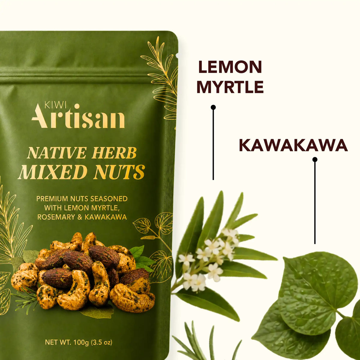 A green stand-up pouch of Kiwi Artisan Native Herb Mixed Nuts on a white background, with text labels pointing to Lemon Myrtle and Kawakawa botanical illustrations beside it.