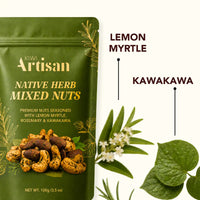 A green stand-up pouch of Kiwi Artisan Native Herb Mixed Nuts on a white background, with text labels pointing to Lemon Myrtle and Kawakawa botanical illustrations beside it.