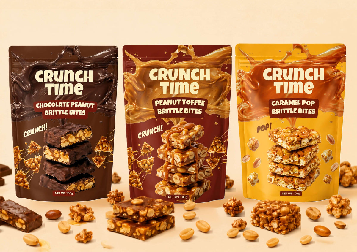 Three stand-up pouches of Crunch Time brittle bites are displayed side by side on a warm beige background with scattered nuts and brittle pieces in front. The pouches are labeled Chocolate Peanut Brittle Bites, Peanut Toffee Brittle Bites, and Caramel Pop Brittle Bites.