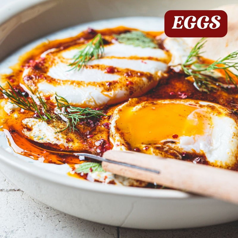 Fried eggs with herbs on a plate, labeled 'EGGS'.