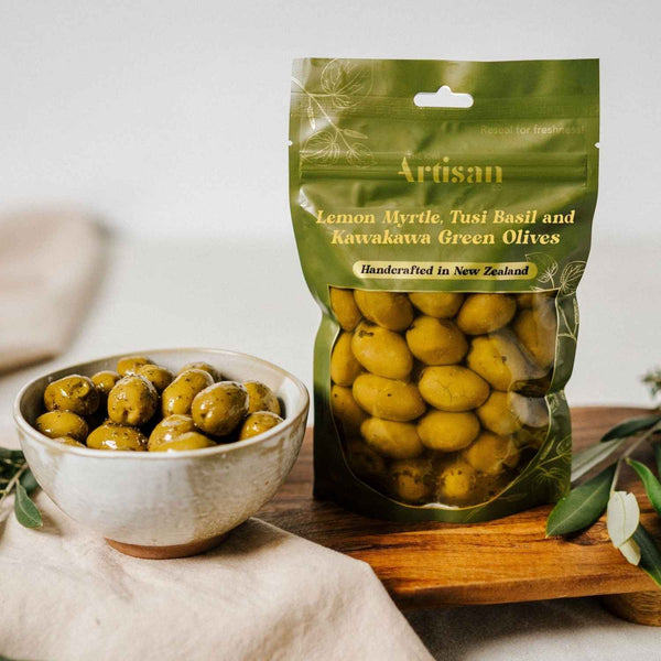 Green Olives Infused with Lemon Myrtle, Tusi Basil, Kawakawa & Premium Olive Oil – Native Herb Blend