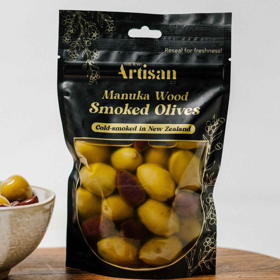 Manuka smoked olives infused with olive oil