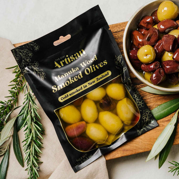 Manuka smoked olives infused with olive oil