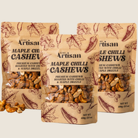 Three-pack of Maple Chilli Cashews – sweet and spicy snack trio