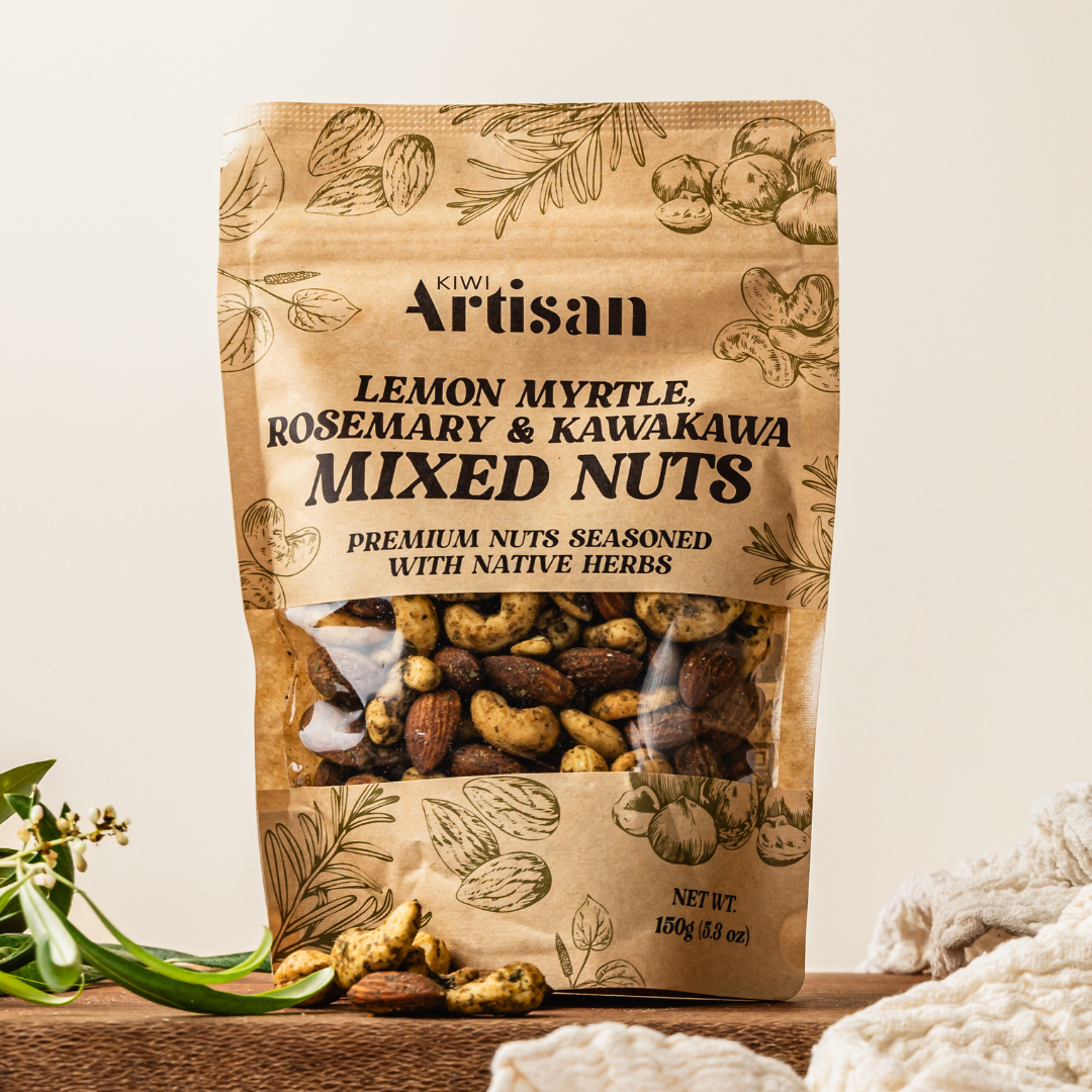 Native Herb Mixed Nuts – handcrafted snack with lemon myrtle, rosemary, and Kawakawa
