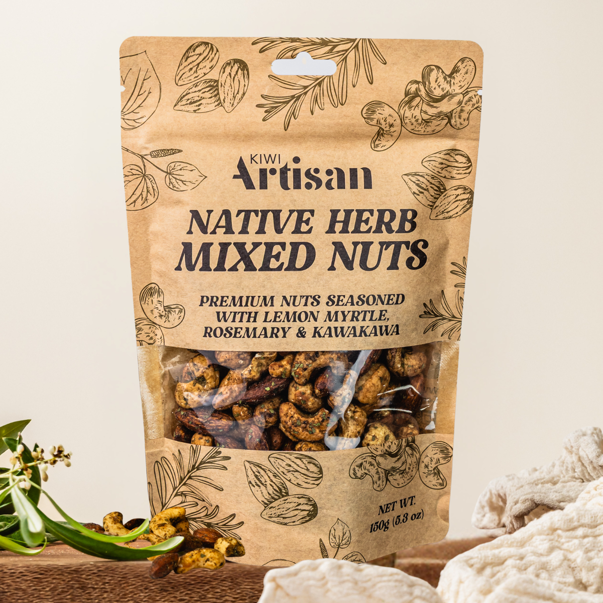 Packaged Kiwi Artisan Native Herb Mixed Nuts on a neutral background