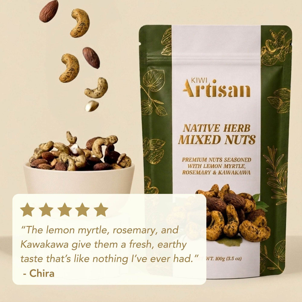 Kiwi Artisan Native Herb Mixed Nuts packaging with nuts in a bowl and customer review on a beige background