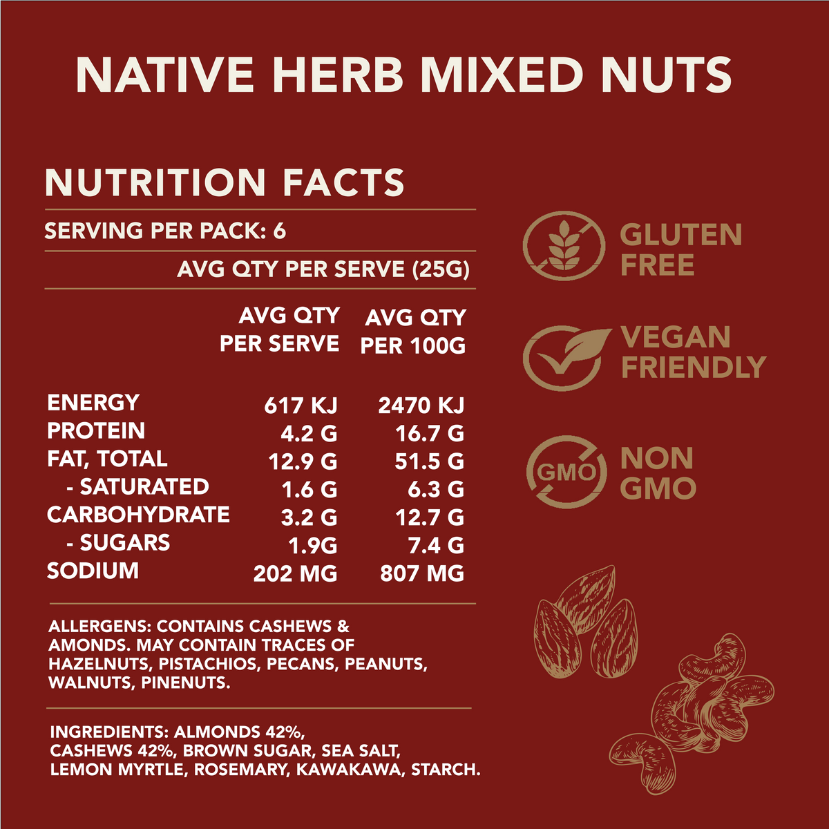 Nutrition facts label for Native Herb Mixed Nuts on a red background