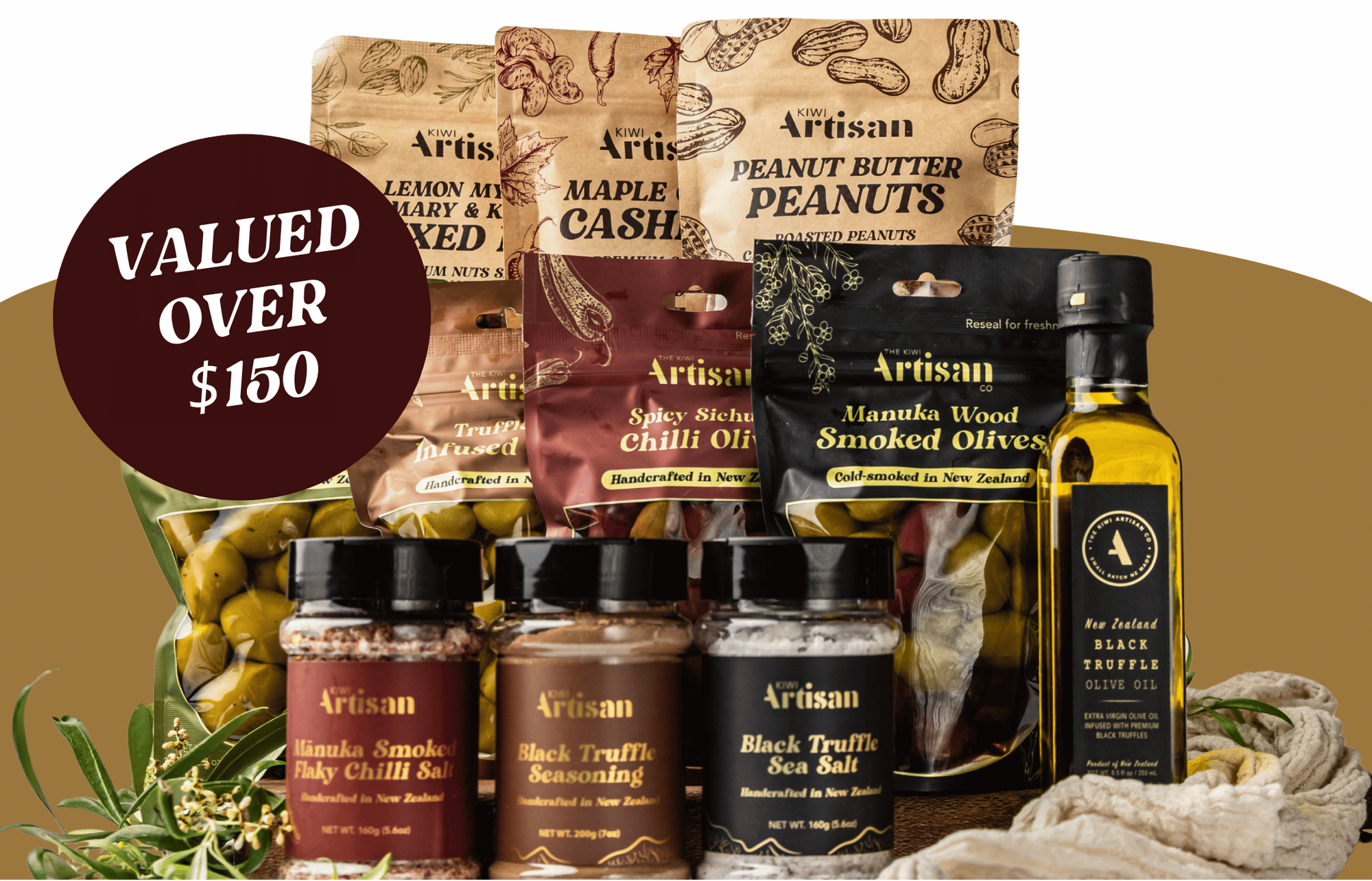 Assorted artisan food products with packaging on a purple and beige background, featuring text about a show giveaway.