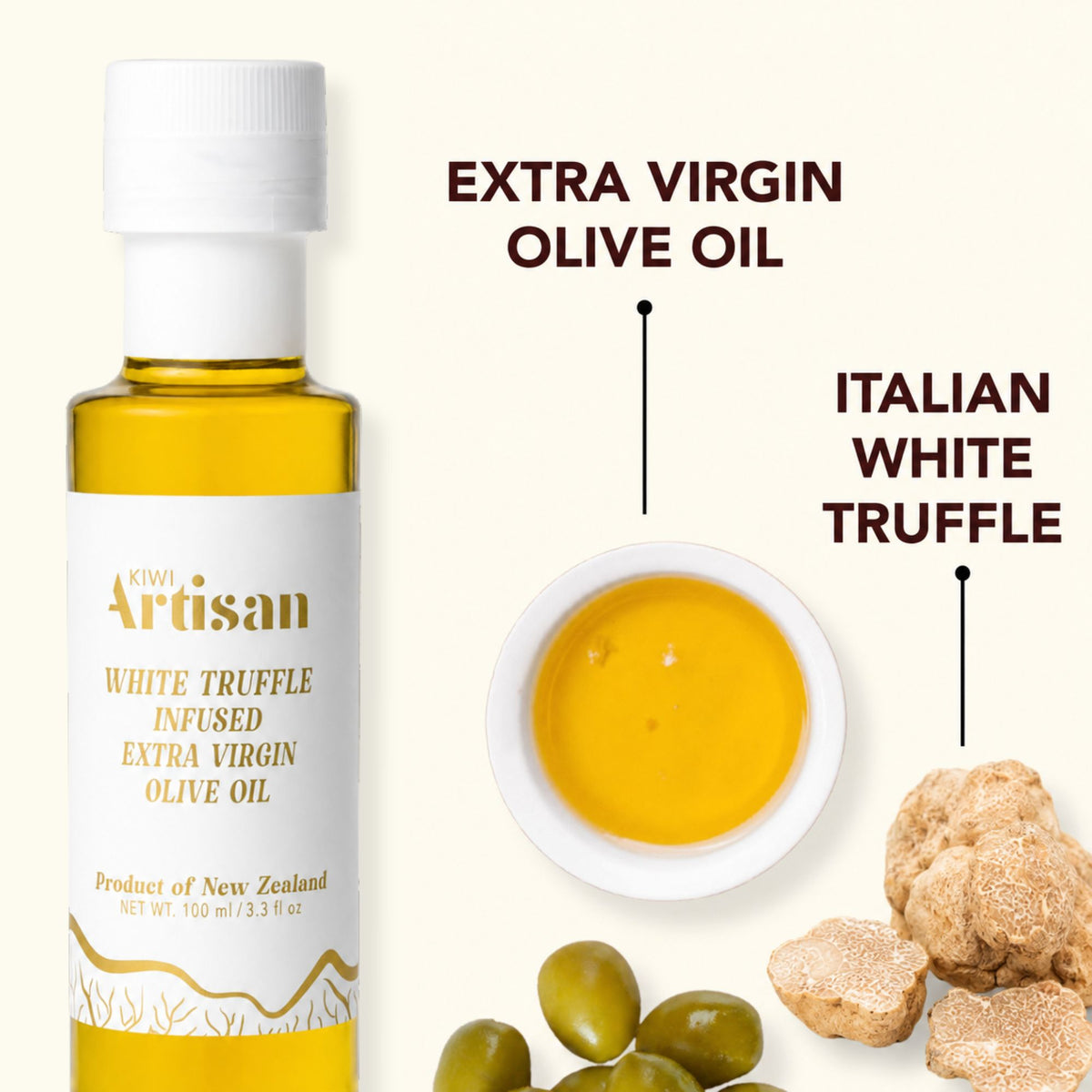Bottle of New Artisan White Truffle Infused Extra Virgin Olive Oil with truffle and olive graphics on a white background