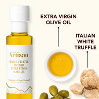 Bottle of New Artisan White Truffle Infused Extra Virgin Olive Oil with truffle and olive graphics on a white background