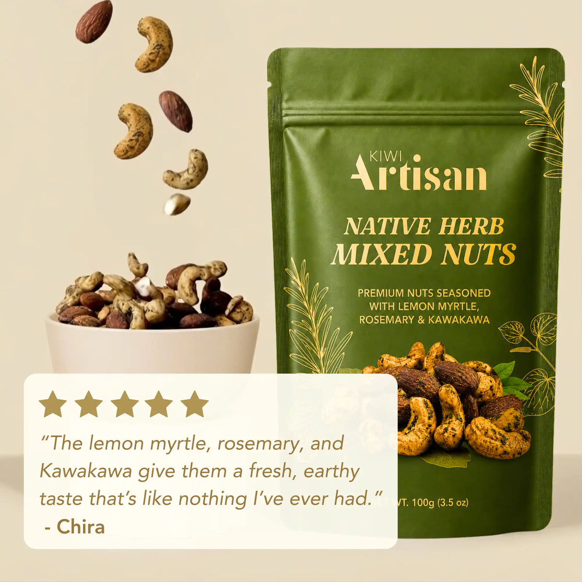 A green stand-up pouch of Kiwi Artisan Native Herb Mixed Nuts stands on a beige background beside a bowl of mixed nuts with floating nuts above. A white review card with gold stars and a quote appears at the bottom left.