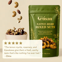 A green stand-up pouch of Kiwi Artisan Native Herb Mixed Nuts stands on a beige background beside a bowl of mixed nuts with floating nuts above. A white review card with gold stars and a quote appears at the bottom left.