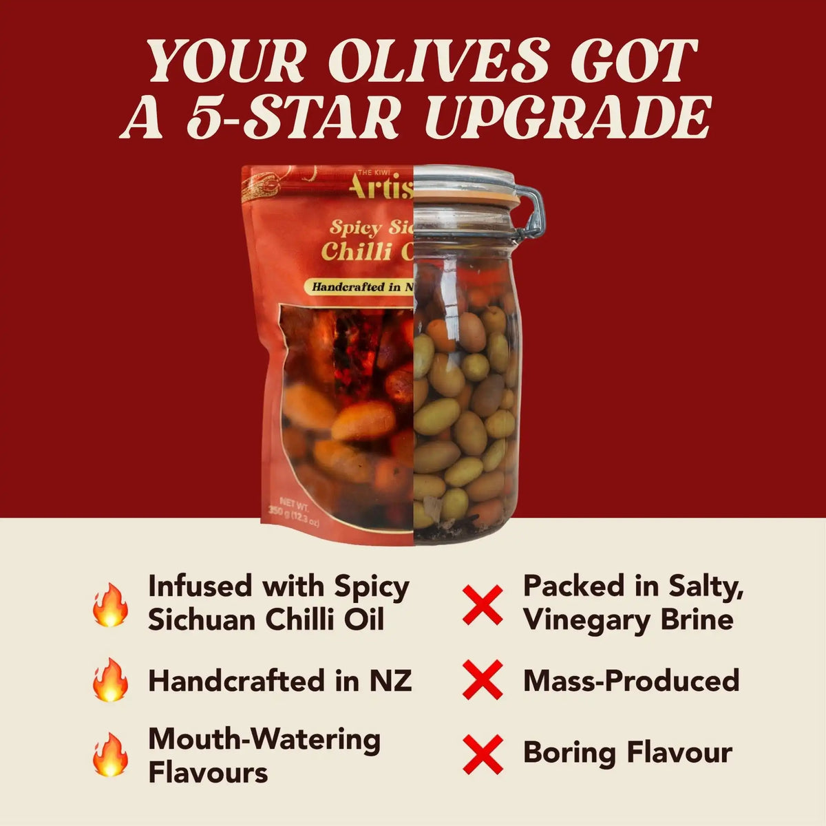Spicy Sichuan Chilli Oil infused olives with product packaging and text on a red background