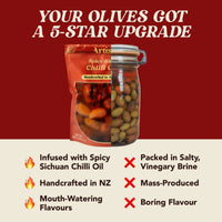Spicy Sichuan Chilli Oil infused olives with product packaging and text on a red background