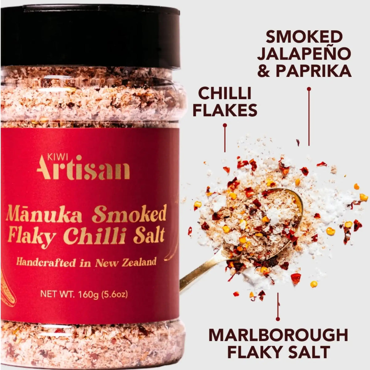 Jar of Manuka Smoked Flaky Chilli Salt with branding and product details on a white background