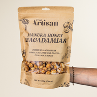 Kiwi Artisan Manuka Honey Macadamias on a beige background