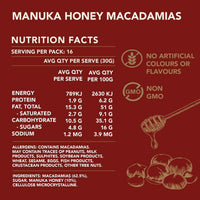Nutrition facts label for Manuka Honey Macadamias on a red background