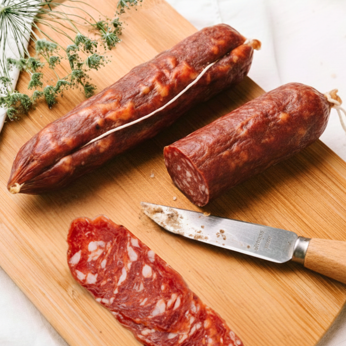 Two mild dry aged salami on a wooden cutting board with a knife and herbs.