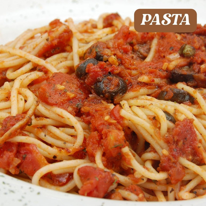 Spaghetti with tomato sauce and olives on a white plate, labeled 'Pasta'.