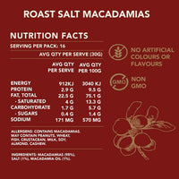 Nutrition facts label for roast salt macadamias on a red background