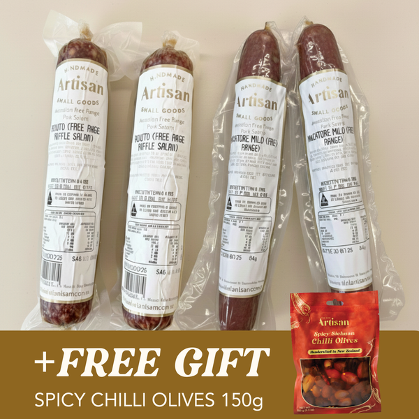 Four packages of Artisan salami with a free gift of spicy chili olives on a beige background