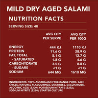 Nutrition facts label for mild dry aged salami on a red background