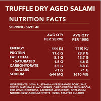 Nutrition facts label for truffle dry aged salami on a red background