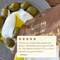 Truffle oil with olives and goats cheese, featuring a product review on a white background.